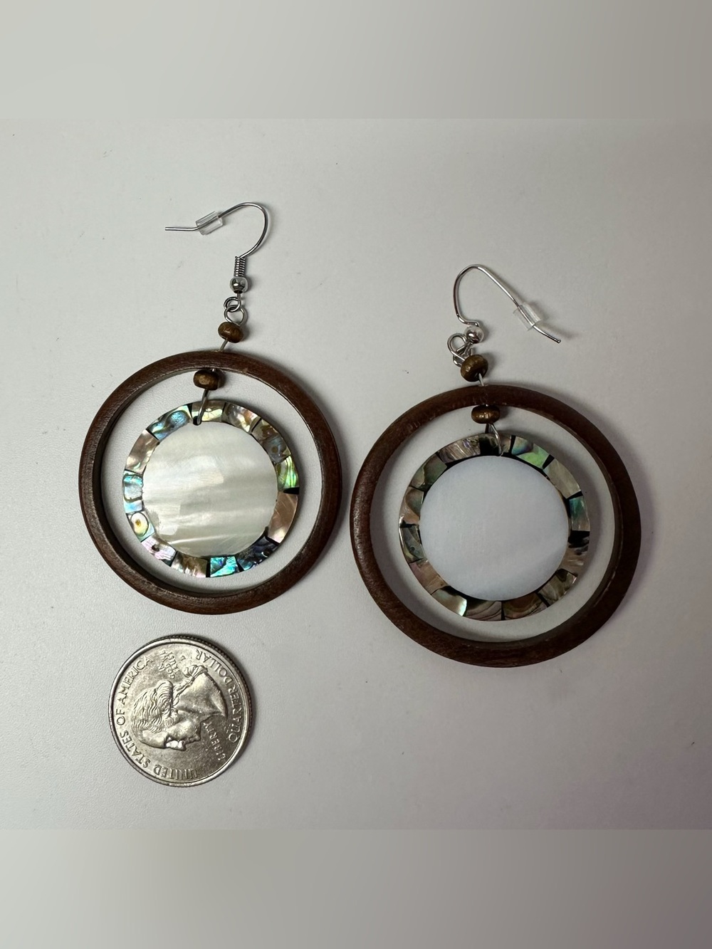 Mosaic Abalone, Mother of Pearl and Wooden Dangle Earrings